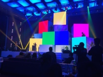 Colorful main stage design inspired by legos.